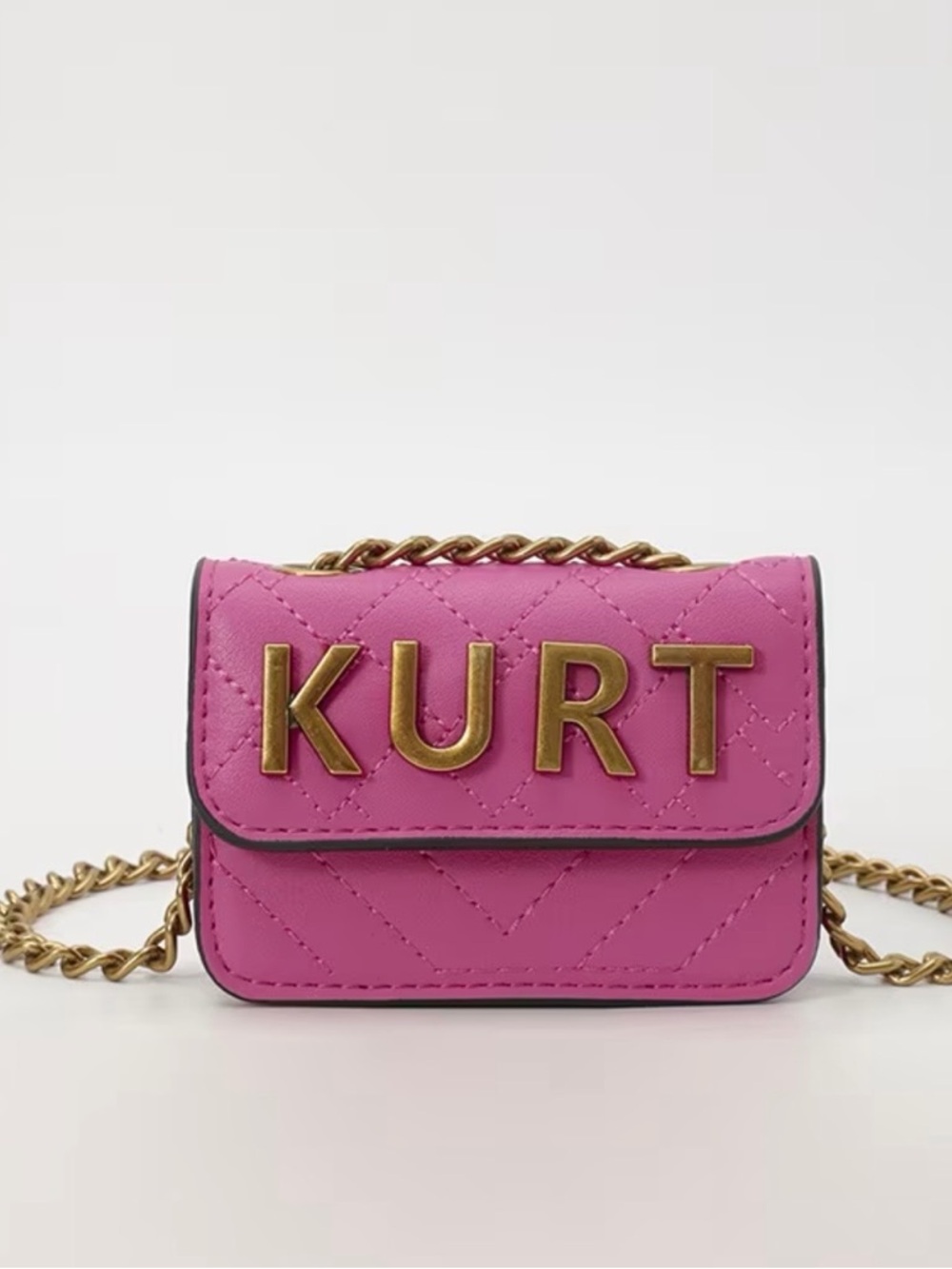 Inspired Kurt Lettering Quilted Mini Shoulder Bag in Hot Pink with Gold Chain